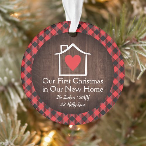 Rustic First Christmas New Home Heart Plaid Photo Ornament
