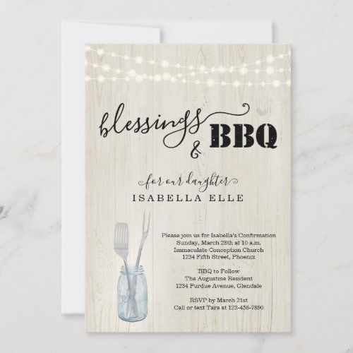 Rustic First Communion / Confirmation BBQ Party In Invitation - BBQ utensils and a mason jar depicting your wonderfully rustic First Communion or Confirmation BBQ celebration.