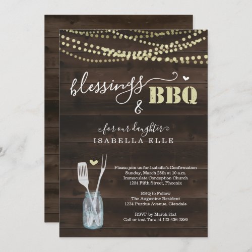Rustic First Communion / Confirmation BBQ Party Invitation - BBQ utensils and a mason jar depicting your wonderfully rustic First Communion or Confirmation BBQ celebration.