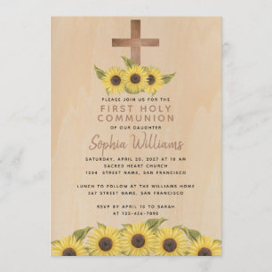 Rustic First Communion Wood Cross Sunflowers Invitation