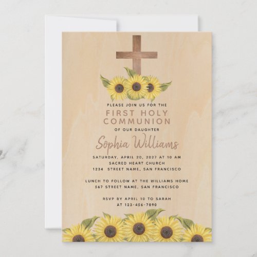 Rustic First Communion Wood Cross Sunflowers Invitation