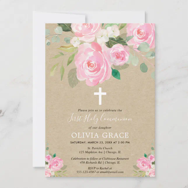 Rustic First Holy Communion girl blush pink floral Invitation | Zazzle
