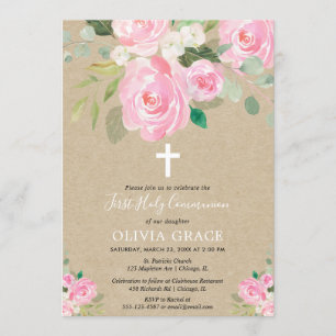 Rustic First Holy Communion girl blush pink floral Invitation