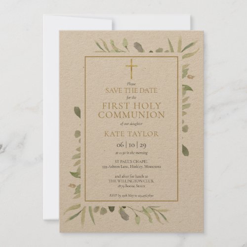 Rustic First Holy Communion Watercolor Greenery Save The Date