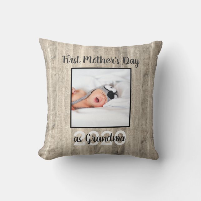 Rustic First Mother's Day Grandma Wood Photo Throw Pillow (Front)