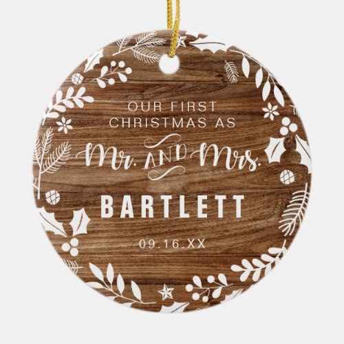 Rustic First Mr and Mrs Christmas Photo Ceramic Ornament