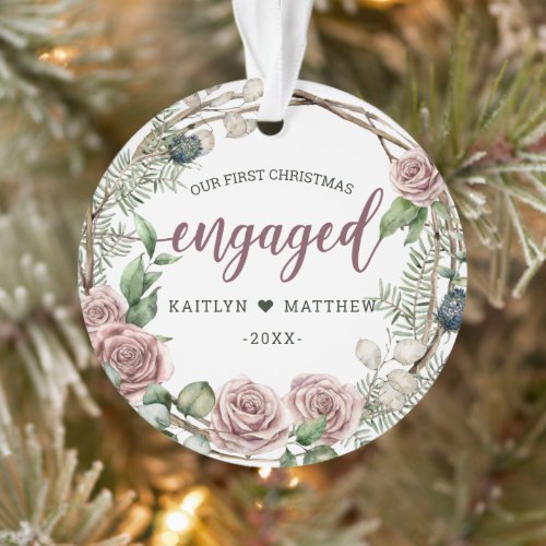 Rustic First Year Engaged Pink Floral Christmas Ornament
