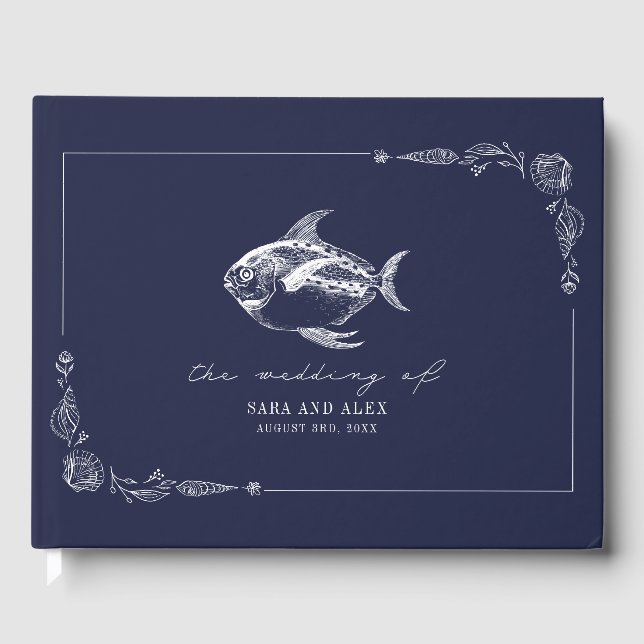 Rustic Fish Dark Blue Beach Wedding Guest Book (Front)