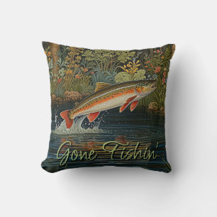 Rustic fish fishing fly fishing throw pillow