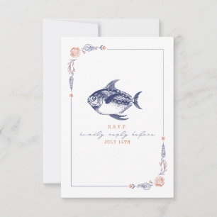 Rustic Fish Red & Blue Beach Wedding RSVP Card