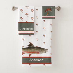 Rustic Fishermen's Fly Fishing Flies n Trout Fish Bath Towel Set
