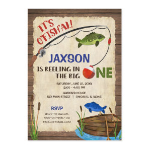 Rustic fishing 1st birthday boy invitation