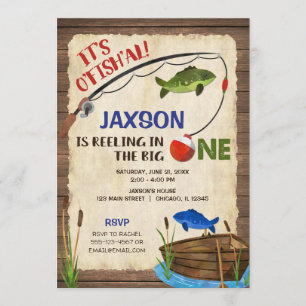 Rustic fishing 1st birthday boy invitation