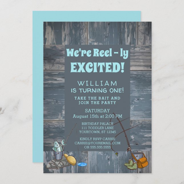 Rustic Fishing Boy First Birthday Party Invitation (Front/Back)