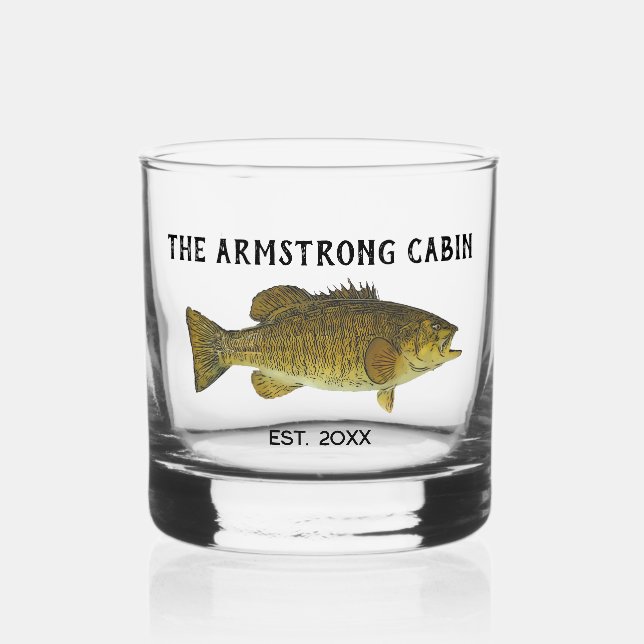 Rustic Fishing Family Cabin Personalized Whiskey Glass (Front)