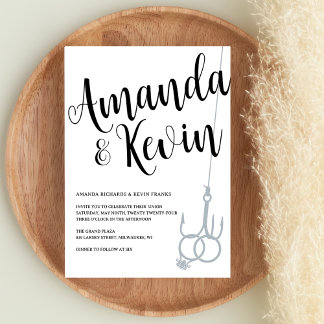 Rustic Fishing Hook Wedding Rings Black & White Invitation