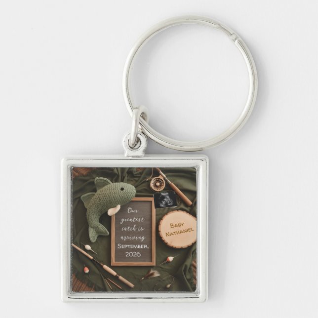 Rustic fishing Pregnancy Announcement dad keepsake Keychain (Front)