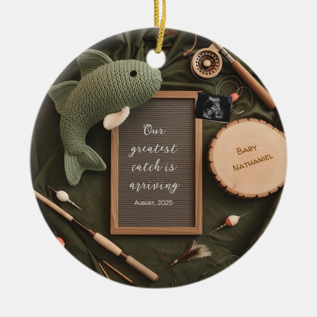 Rustic Fishing-Themed Pregnancy Announcement  Ceramic Ornament (Front)