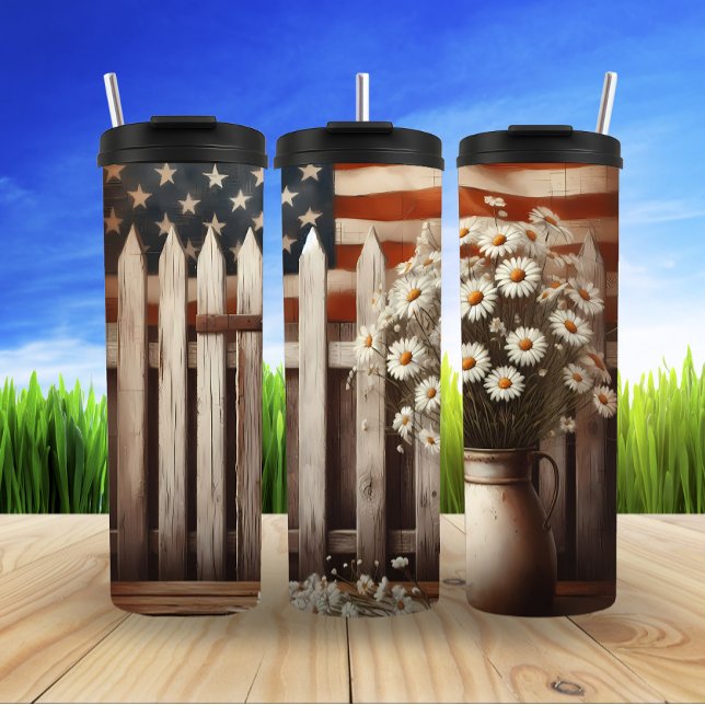 Rustic Flag and Daisies Charm Thermal Tumbler (Creator Uploaded)