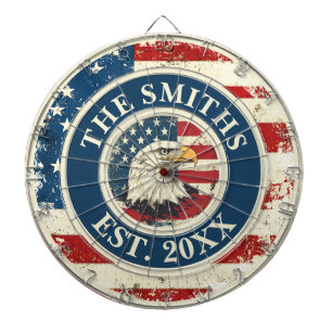 Rustic Flag Eagle Custom Family Name 4th Of July Dart Board