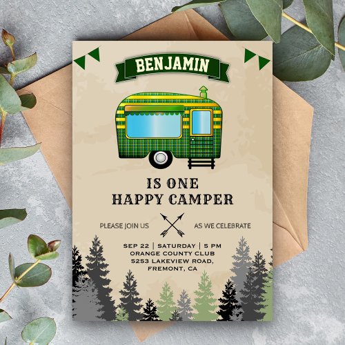 Rustic Flannel One Happy Camper 1st Birthday Party Invitation