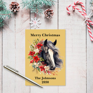 Rustic Flat Black Christmas Horse Wreath Holiday  Card