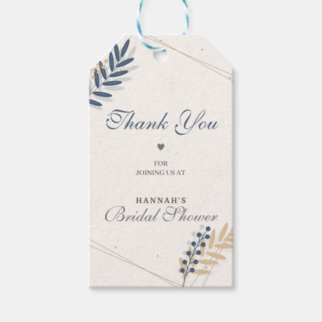 Rustic Flora Navy Blue Bridal Shower Thank You Gift Tags | Zazzle