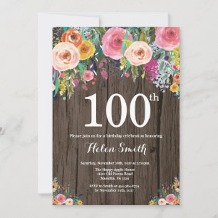 Rustic Floral 100th Birthday Invitation