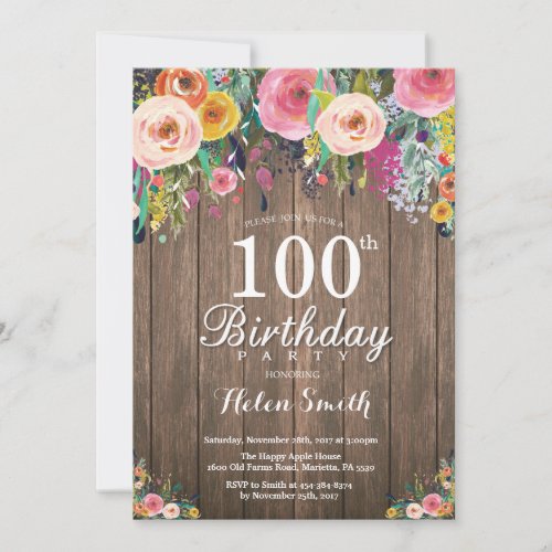 Rustic Floral 100th Birthday Invitation for Women