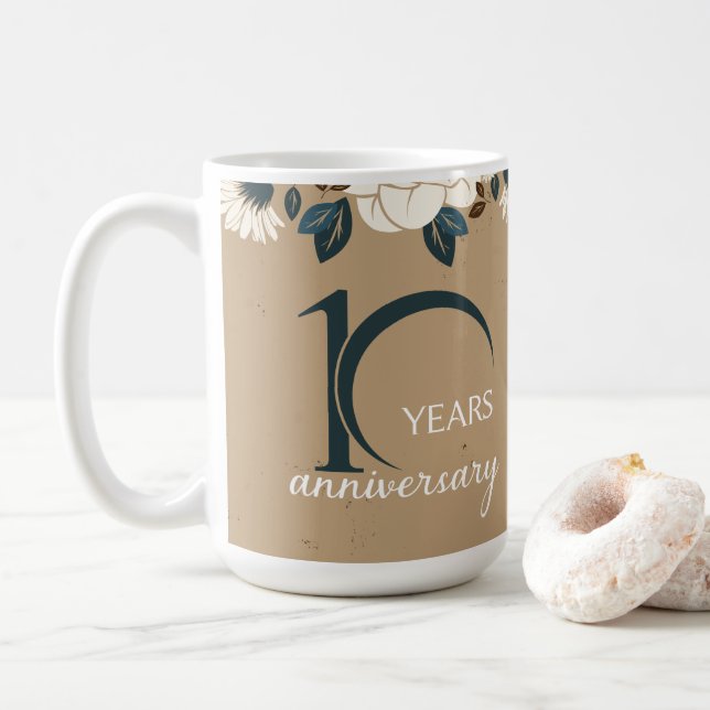 Rustic Floral 10th Wedding Anniversary Coffee Mug (With Donut)