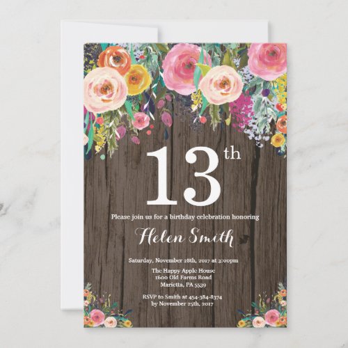 Rustic Floral 13th Birthday Invitation