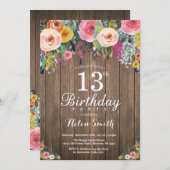 Rustic Floral 13th Birthday Invitation for Women (Front/Back)