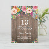 Rustic Floral 13th Birthday Invitation for Women (Standing Front)