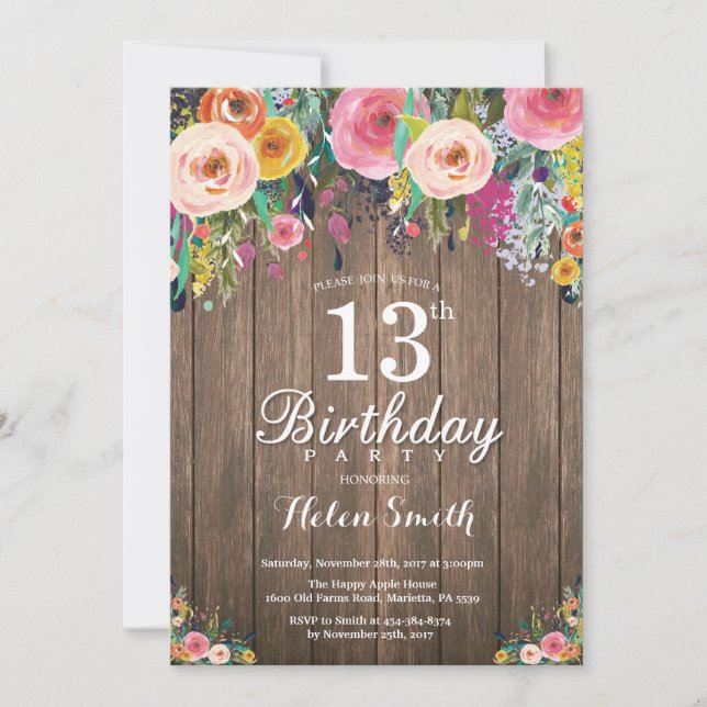Rustic Floral 13th Birthday Invitation for Women (Front)