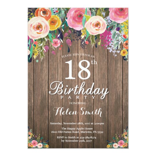 Rustic Floral 18th Birthday Invitation For Women Zazzle Com