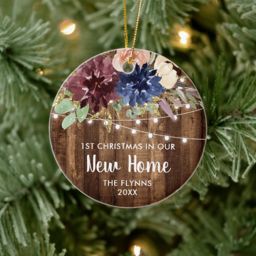 Rustic Floral 1st Christmas New Home Personalized Ceramic Ornament