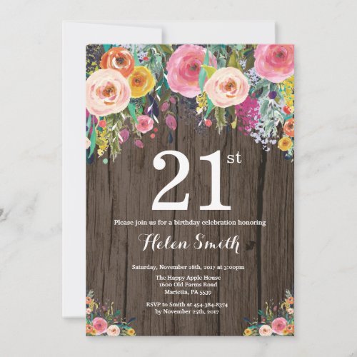 Rustic Floral 21st Birthday Invitation