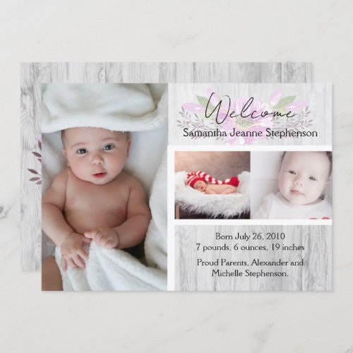 Rustic Floral 3 Photo Girl Baby Birth Announcement