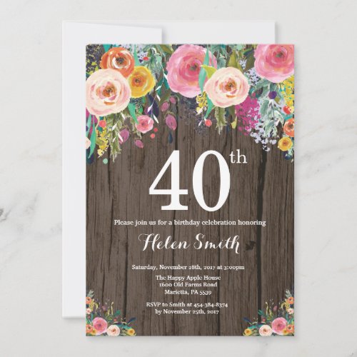 Rustic Floral 40th Birthday Invitation
