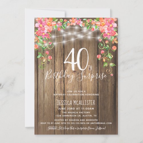 Rustic Floral 40th Surprise Birthday Brunch Invitation