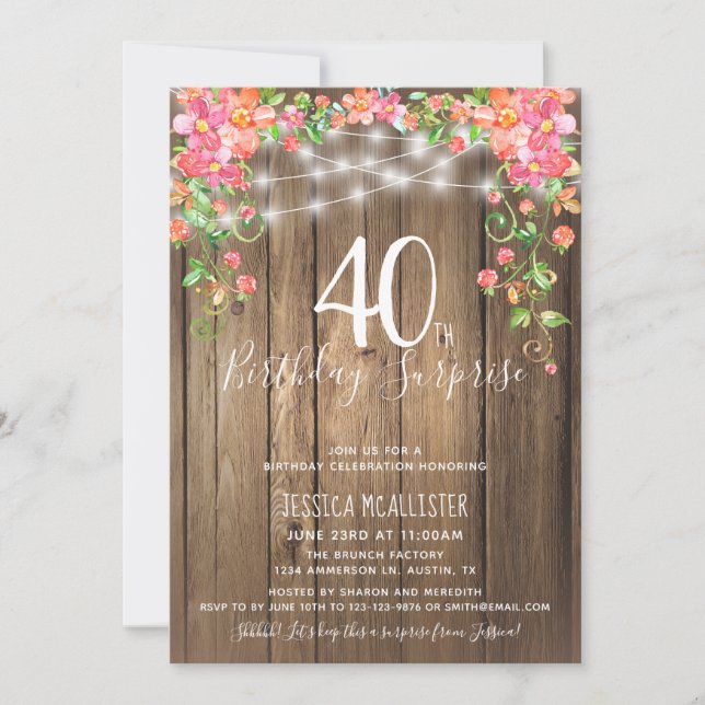 Rustic Floral 40th Surprise Birthday Brunch Invitation (Front)