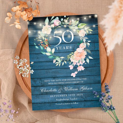 Rustic Floral 50th Anniversary Save the Date  Announcement Postcard