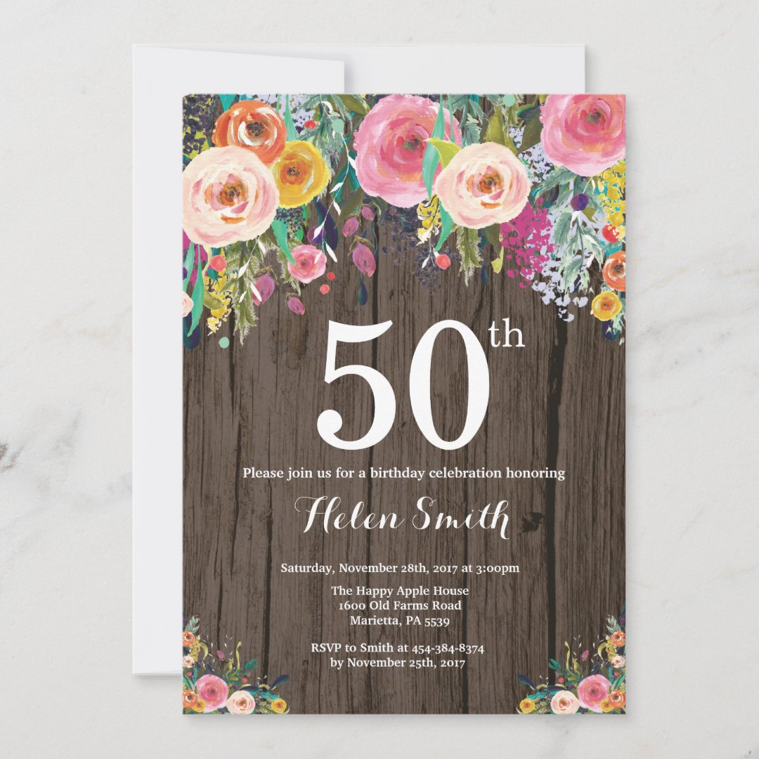 Rustic Floral 50th Birthday Invitation | Zazzle