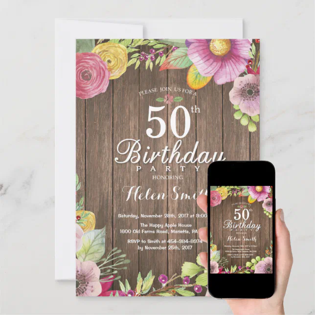 Rustic Floral 50th Birthday Invitation for Women | Zazzle