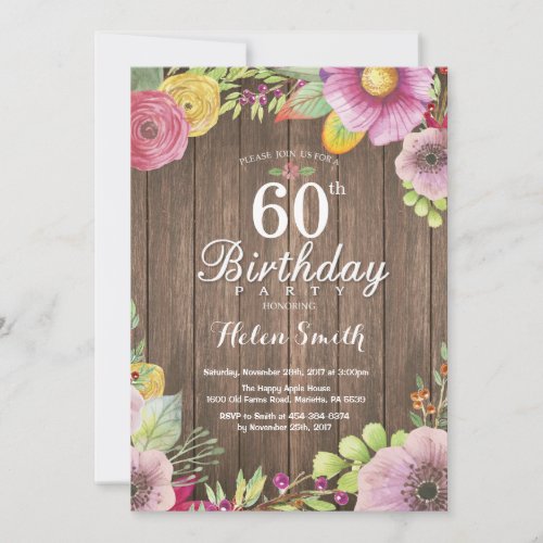 Rustic Floral 60th Birthday Invitation for Women