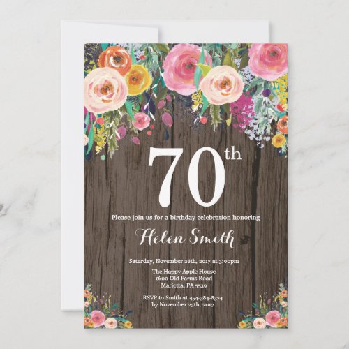 Rustic Floral 70th Birthday Invitation