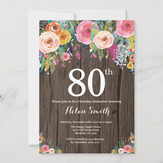 Rustic Floral 80th Birthday Invitation (Front)
