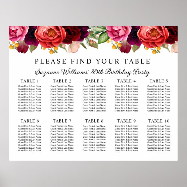 Rustic Floral 80th Birthday Seating Chart (Front)