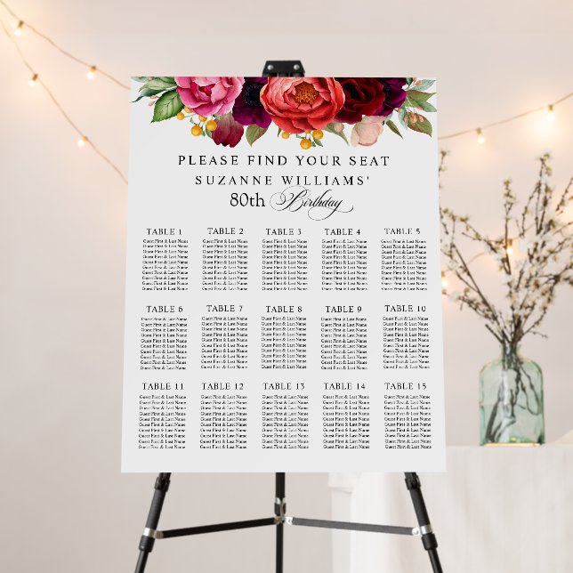 Rustic Floral 80th Birthday Seating Chart Foam Board (In Situ (Stand))