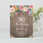 Rustic Floral 90th Birthday Invitation for Women (Standing Front)